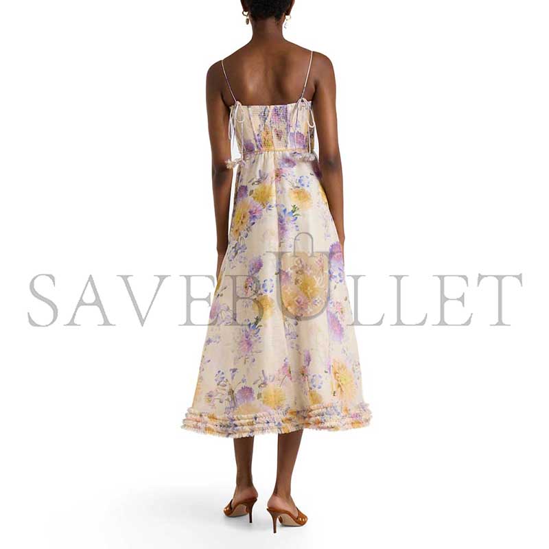 ZIMMERMANN LUNA FLORAL LINEN AND SILK MIDI DRESS 